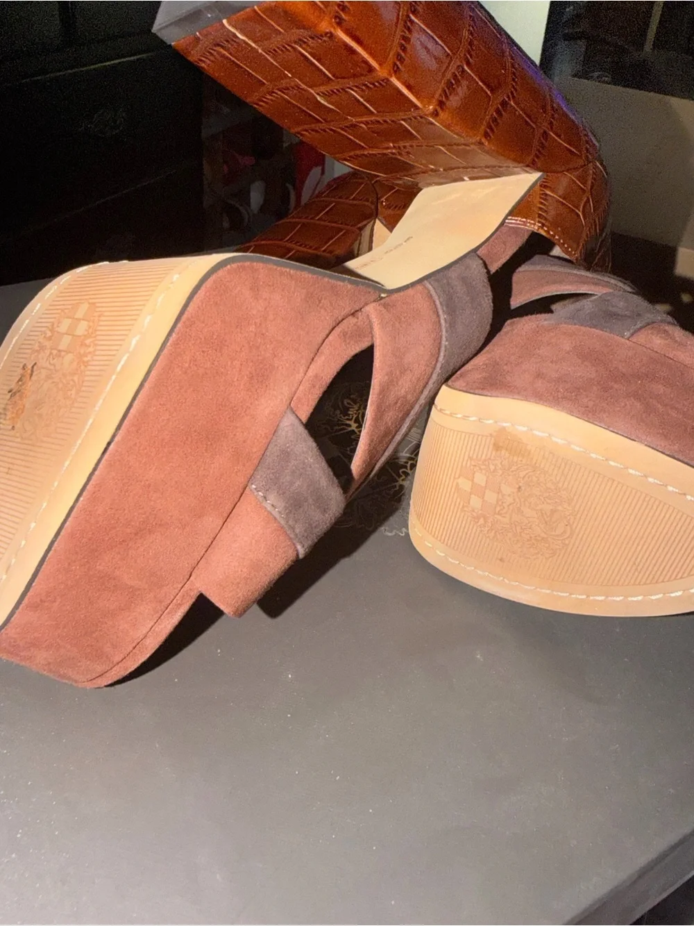 Vince Camuto Brown and Dark Brown Suede Platform Sandals